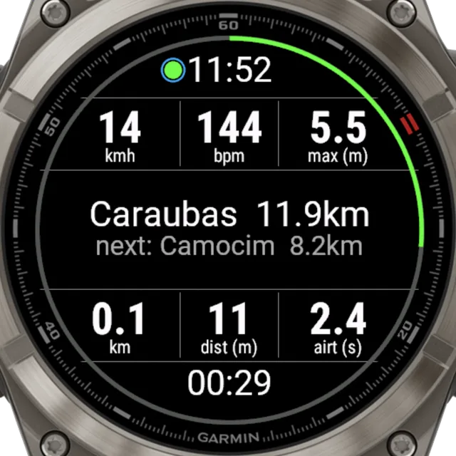 Garmin watch navigating a downwinder, showing 11.9 kilometres to Caraubas and the next spot on the route