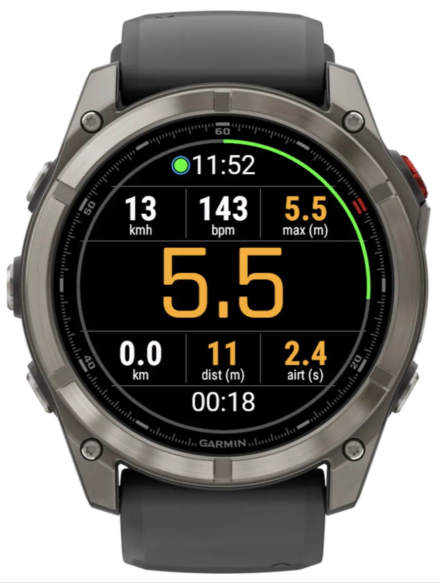 Surfr recording on a Garmin fenix, showing a 5.5 metre jump height in the centre with speed, heart rate, max height, distance, jump distance and airtime around it