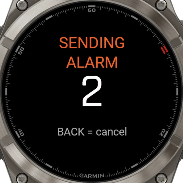 Garmin watch counting down to send a Surfr friend alarm, with BACK to cancel