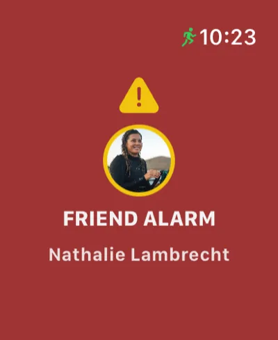 Apple Watch showing an incoming Friend Alarm with the rider's name and photo
